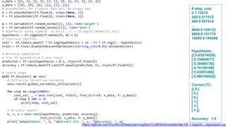 x_data = [[1, 2], [2, 3], [3, 1], [4, 3], [5, 3], [6, 2]]
y_data = [[0], [0], [0], [1], [1], [1]]
# placeholders for a tensor that will be always fed.
X = tf.placeholder(tf.float32, shape=[None, 2])
Y = tf.placeholder(tf.float32, shape=[None, 1])
W = tf.Variable(tf.random_normal([2, 1]), name='weight')
b = tf.Variable(tf.random_normal([1]), name='bias')
# Hypothesis using sigmoid: tf.div(1., 1. + tf.exp(tf.matmul(X, W)))
hypothesis = tf.sigmoid(tf.matmul(X, W) + b)
# cost/loss function
cost = -tf.reduce_mean(Y * tf.log(hypothesis) + (1 - Y) * tf.log(1 - hypothesis))
train = tf.train.GradientDescentOptimizer(learning_rate=0.01).minimize(cost)
# Accuracy computation
# True if hypothesis>0.5 else False
predicted = tf.cast(hypothesis > 0.5, dtype=tf.float32)
accuracy = tf.reduce_mean(tf.cast(tf.equal(predicted, Y), dtype=tf.float32))
# Launch graph
with tf.Session() as sess:
# Initialize TensorFlow variables
sess.run(tf.global_variables_initializer())
for step in range(10001):
cost_val, _ = sess.run([cost, train], feed_dict={X: x_data, Y: y_data})
if step % 200 == 0:
print(step, cost_val)
# Accuracy report
h, c, a = sess.run([hypothesis, predicted, accuracy],
feed_dict={X: x_data, Y: y_data})
print("nHypothesis: ", h, "nCorrect (Y): ", c, "nAccuracy: ", a)
# step, cost
0 1.73078
200 0.571512
400 0.507414
...
9600 0.154132
9800 0.151778
10000 0.149496
Hypothesis:
[[ 0.03074029]
[ 0.15884677]
[ 0.30486736]
[ 0.78138196]
[ 0.93957496]
[ 0.98016882]]
Correct (Y):
[[ 0.]
[ 0.]
[ 0.]
[ 1.]
[ 1.]
[ 1.]]
Accuracy: 1.0
https://github.com/hunkim/DeepLearningZeroToAll/blob/master/lab-05-1-logistic_regression.py
 