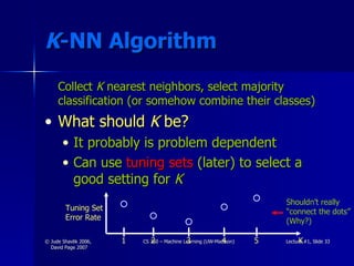 K -NN Algorithm Collect  K  nearest neighbors, select majority classification (or somehow combine their classes) What should  K  be? It probably is problem dependent Can use  tuning sets  (later) to select a good setting for  K 1 Shouldn’t really “ connect the dots” (Why?) Tuning Set Error Rate 2 3 4 5 K 