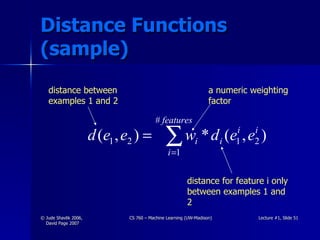 Distance Functions (sample) distance between examples 1 and 2 a numeric weighting factor distance for feature i only between examples 1 and 2 