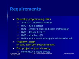 Requirements Bi-weekly programming HW's "hands on" experience valuable HW0 – build a dataset HW1 – simple ML algo's and exper. methodology HW2 – decision trees (?) HW3 – neural nets (?) HW4 – reinforcement learning (in a simulated world) "Midterm" exam  (in class, about 90% through semester) Find project of your choosing during last 4-5 weeks of class 