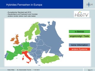 Hybrides Fernsehen in Europa

- Europäischer Standard seit 2010
- Deutschland und Frankreich sind Vorreiter
- andere Länder ziehen nach oder testen




Walter Möller - Stv. Bereichsleiter Technik - 11.07.2012   Seite 10
 