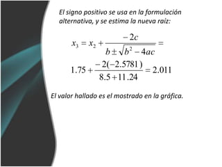 El signo positivo se usa en la formulaciónalternativa, y se estima la nuevaraíz:El valorhallado es el mostrado en la gráfica.