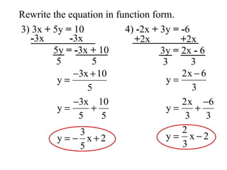 3) 3x  +  5y  =  10 4)  - 2x  +  3y  =   - 6 - 3x  - 3x 5y  =   - 3x  +  10 5  5 + 2x  + 2x Rewrite the equation in function form. 3y  =  2x  -  6 3  3 