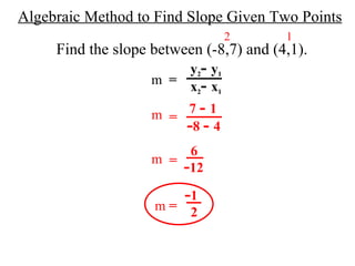 Algebraic Method to Find Slope Given Two Points m  = y 2 -  y 1 x 2 -  x 1 m = 7  -  1 - 8  -  4 m = 6 - 12 m  = - 1 2 Find the slope between (-8,7) and (4,1). 2 1 