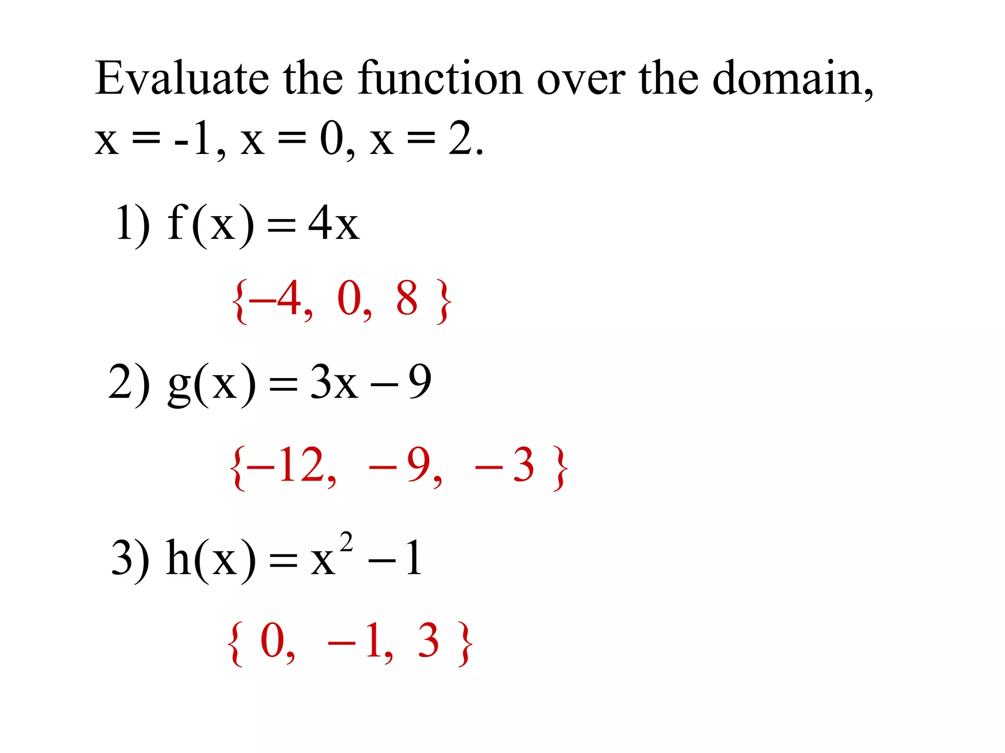 Evaluate the function over the domain, x = -1, x = 0, x = 2.