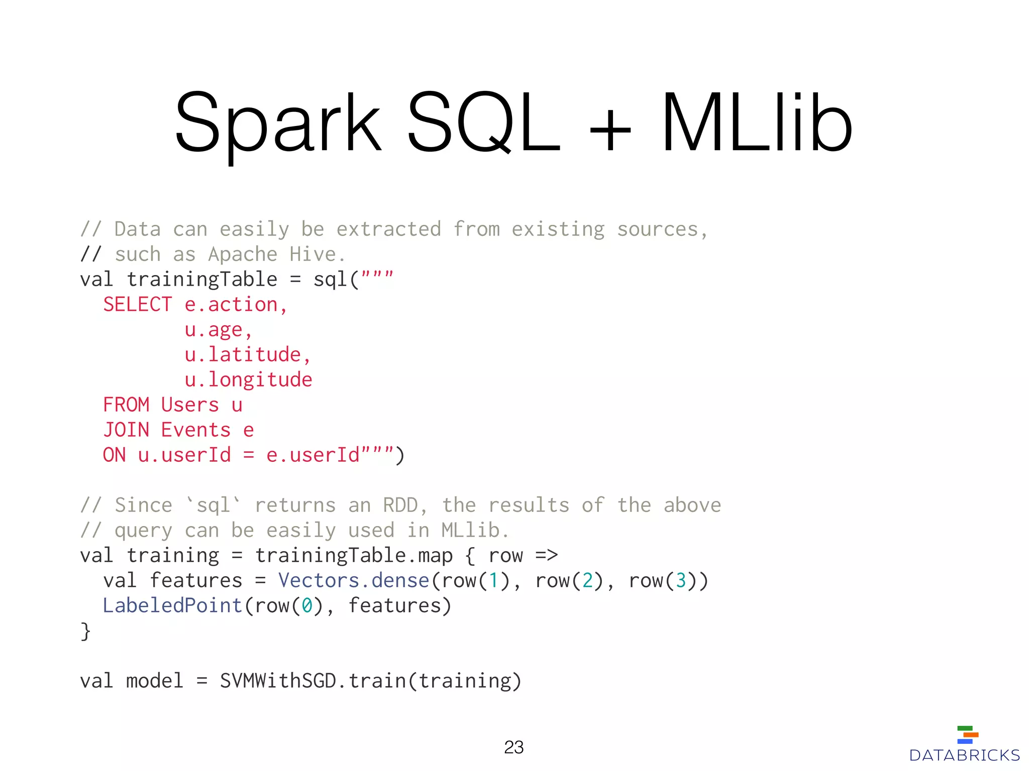 Spark SQL + MLlib
// Data can easily be extracted from existing sources,
// such as Apache Hive.
val trainingTable = sql("""
SELECT e.action,
u.age,
u.latitude,
u.longitude
FROM Users u
JOIN Events e
ON u.userId = e.userId""")
!
// Since `sql` returns an RDD, the results of the above
// query can be easily used in MLlib.
val training = trainingTable.map { row =>
val features = Vectors.dense(row(1), row(2), row(3))
LabeledPoint(row(0), features)
}
!
val model = SVMWithSGD.train(training)
23
 