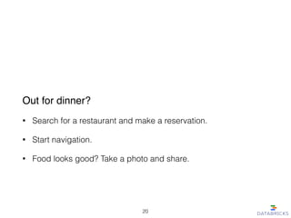 Out for dinner?!
• Search for a restaurant and make a reservation.
• Start navigation.
• Food looks good? Take a photo and share.
20
 