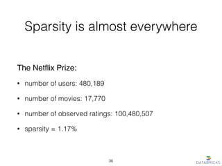 Sparsity is almost everywhere
The Netﬂix Prize:!
• number of users: 480,189
• number of movies: 17,770
• number of observed ratings: 100,480,507
• sparsity = 1.17%
36
 