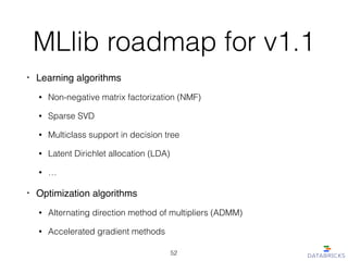 MLlib roadmap for v1.1
• Learning algorithms!
• Non-negative matrix factorization (NMF)
• Sparse SVD
• Multiclass support in decision tree
• Latent Dirichlet allocation (LDA)
• …
• Optimization algorithms!
• Alternating direction method of multipliers (ADMM)
• Accelerated gradient methods
52
 