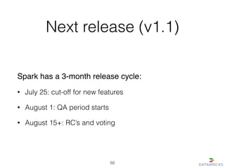 Next release (v1.1)
Spark has a 3-month release cycle:!
• July 25: cut-off for new features
• August 1: QA period starts
•...