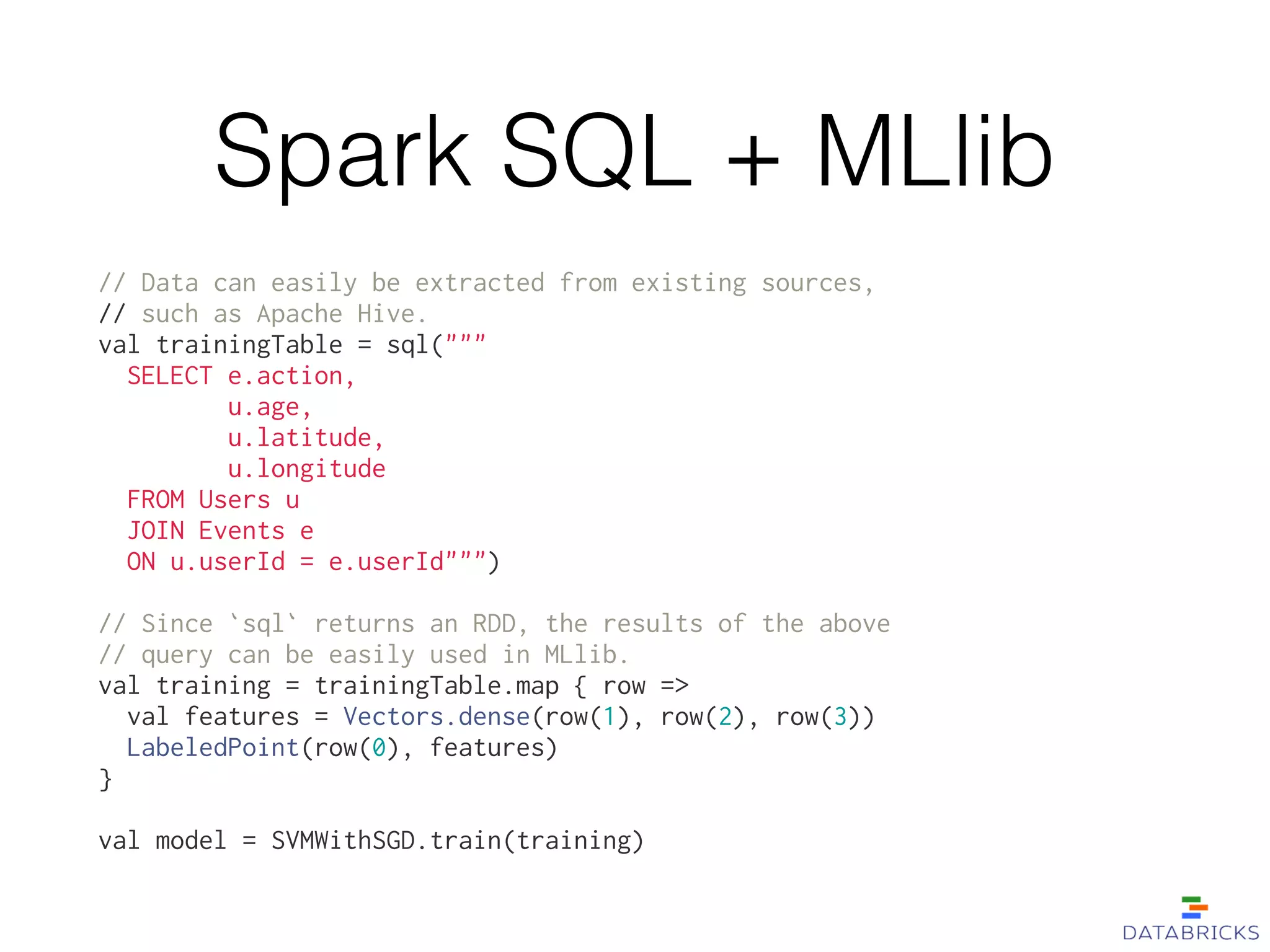 Spark SQL + MLlib
// Data can easily be extracted from existing sources,
// such as Apache Hive.
val trainingTable = sql("""
SELECT e.action,
u.age,
u.latitude,
u.longitude
FROM Users u
JOIN Events e
ON u.userId = e.userId""")
!
// Since `sql` returns an RDD, the results of the above
// query can be easily used in MLlib.
val training = trainingTable.map { row =>
val features = Vectors.dense(row(1), row(2), row(3))
LabeledPoint(row(0), features)
}
!
val model = SVMWithSGD.train(training)
 