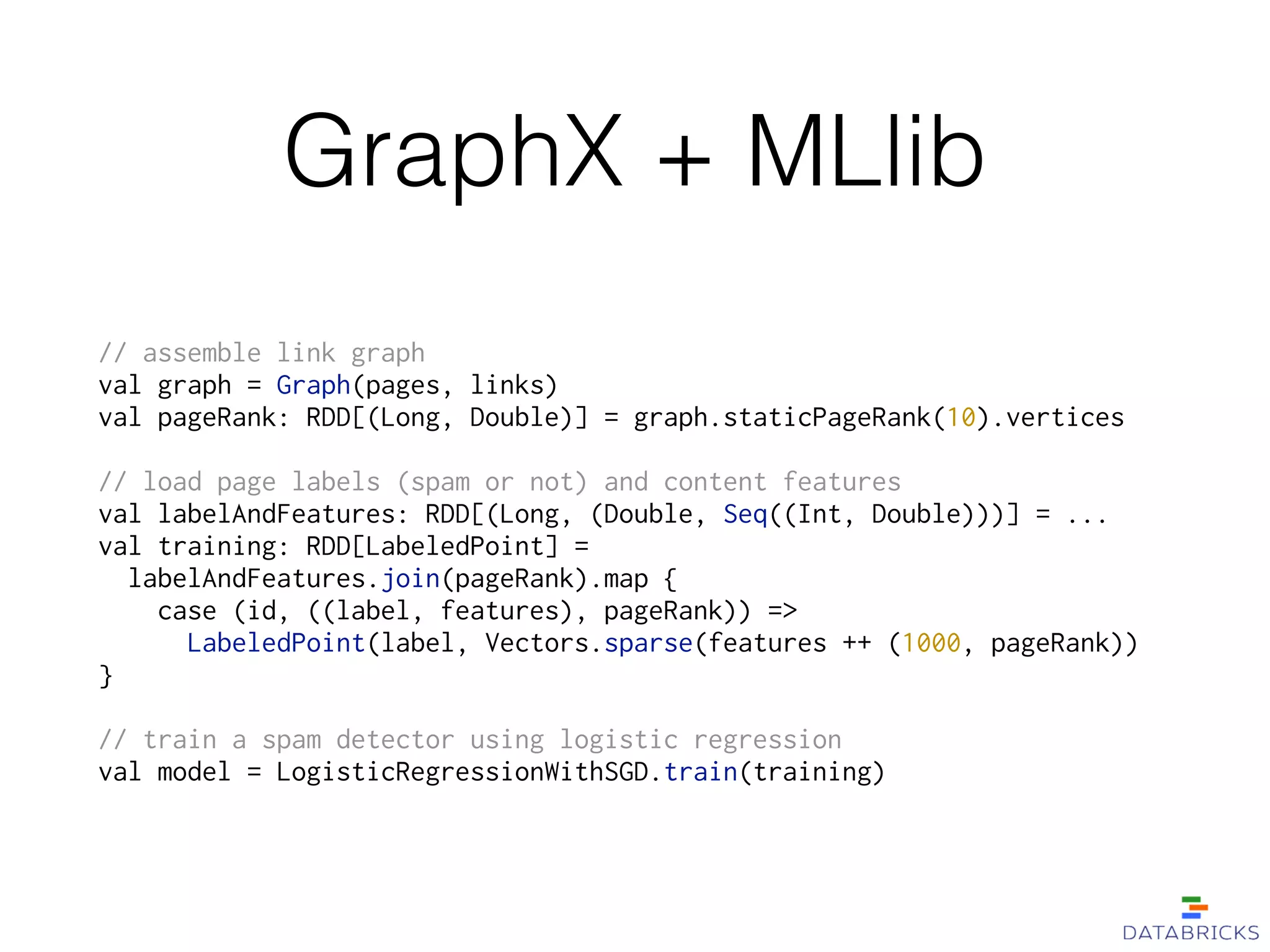 GraphX + MLlib
// assemble link graph
val graph = Graph(pages, links)
val pageRank: RDD[(Long, Double)] = graph.staticPageRank(10).vertices
!
// load page labels (spam or not) and content features
val labelAndFeatures: RDD[(Long, (Double, Seq((Int, Double)))] = ...
val training: RDD[LabeledPoint] =
labelAndFeatures.join(pageRank).map {
case (id, ((label, features), pageRank)) =>
LabeledPoint(label, Vectors.sparse(features ++ (1000, pageRank))
}
!
// train a spam detector using logistic regression
val model = LogisticRegressionWithSGD.train(training)
 