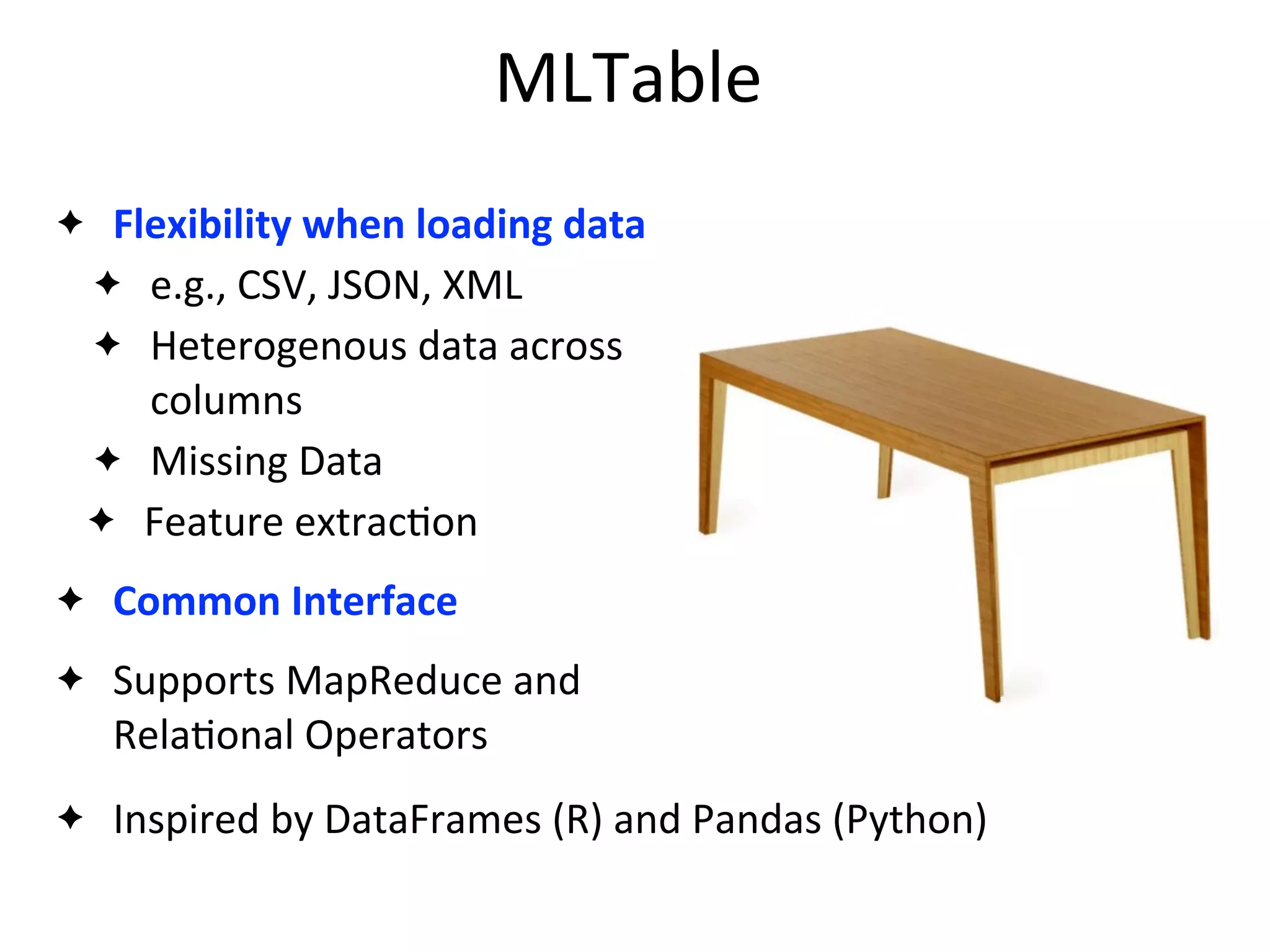 MLTable
✦ Flexibility	
  when	
  loading	
  data
✦ e.g.,	
  CSV,	
  JSON,	
  XML
✦ Heterogenous	
  data	
  across	
  
columns
✦ Missing	
  Data
✦ Feature	
  extrac2on
✦ Common	
  Interface
✦ Supports	
  MapReduce	
  and	
  
Rela2onal	
  Operators	
  
✦ Inspired	
  by	
  DataFrames	
  (R)	
  and	
  Pandas	
  (Python)
 