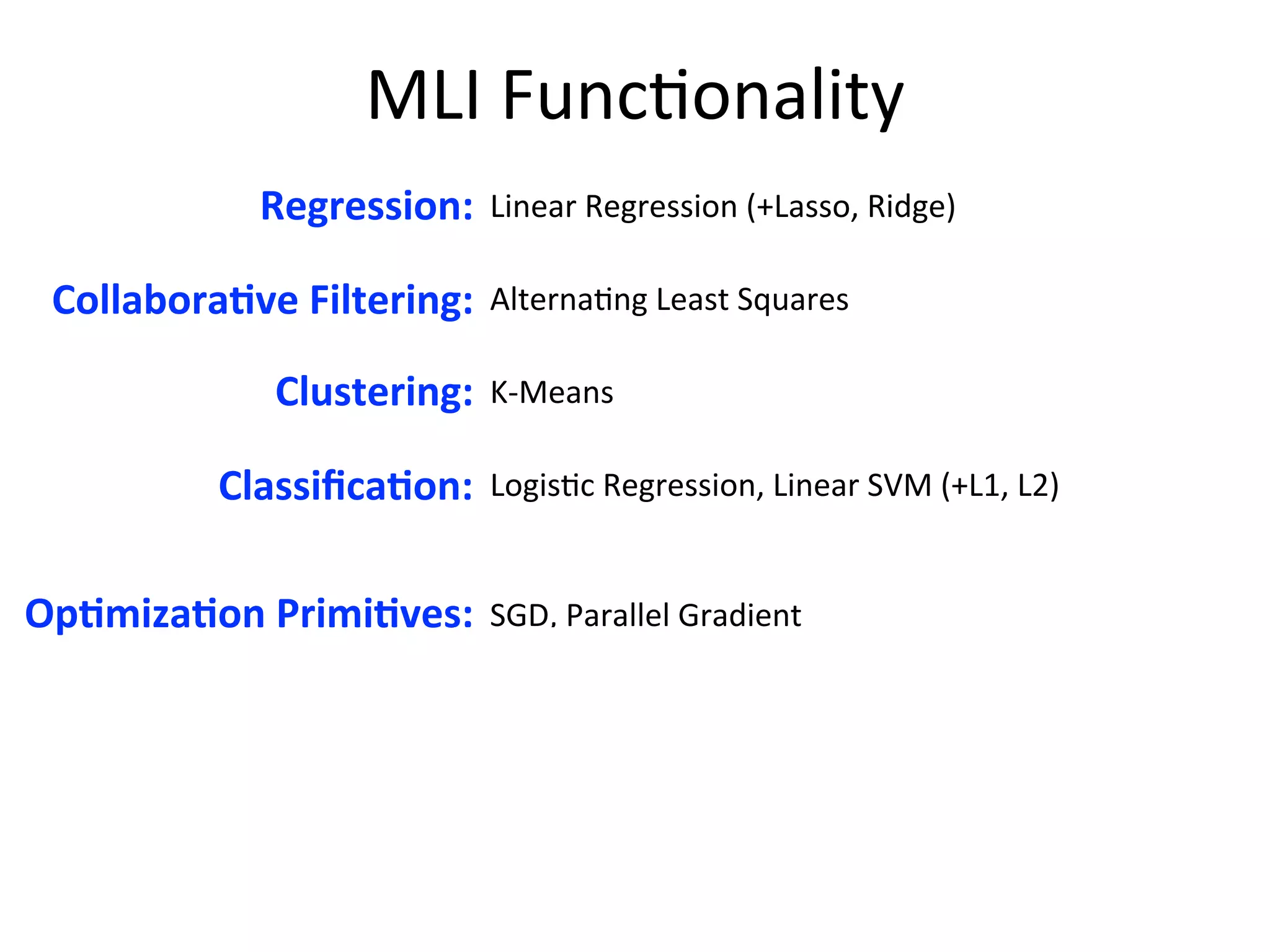 Linear	
  Regression	
  (+Lasso,	
  Ridge)
Alterna2ng	
  Least	
  Squares,	
  [DFC]
K-­‐Means,	
  [DP-­‐Means]
Logis2c	
  Regression,	
  Linear	
  SVM	
  (+L1,	
  L2),	
  Mul2nomial	
  
Regression,	
  [Naive	
  Bayes,	
  Decision	
  Trees]
SGD,	
  Parallel	
  Gradient,	
  Local	
  SGD,	
  [L-­‐BFGS,	
  ADMM,	
  
Adagrad]
Principal	
  Component	
  Analysis	
  (PCA),	
  N-­‐grams,	
  feature	
  
cleaning	
  /	
  normaliza2on
Cross	
  Valida2on,	
  Evalua2on	
  Metrics
MLI	
  Func2onality
Regression:
CollaboraAve	
  Filtering:
Clustering:
ClassiﬁcaAon:
OpAmizaAon	
  PrimiAves:
Feature	
  ExtracAon:
ML	
  Tools:
 