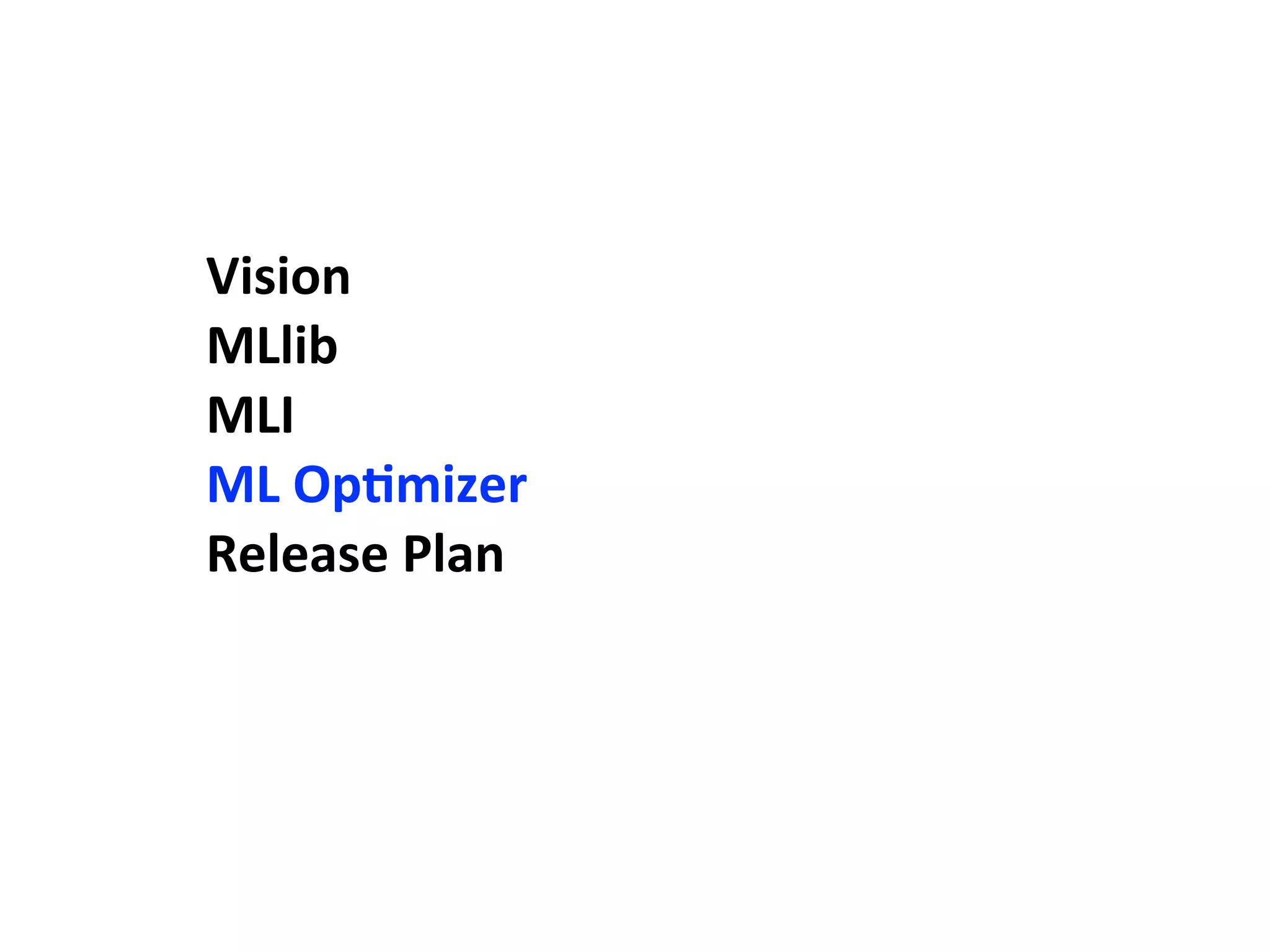 Vision
MLlib
MLI
ML	
  OpAmizer
Release	
  Plan
 
