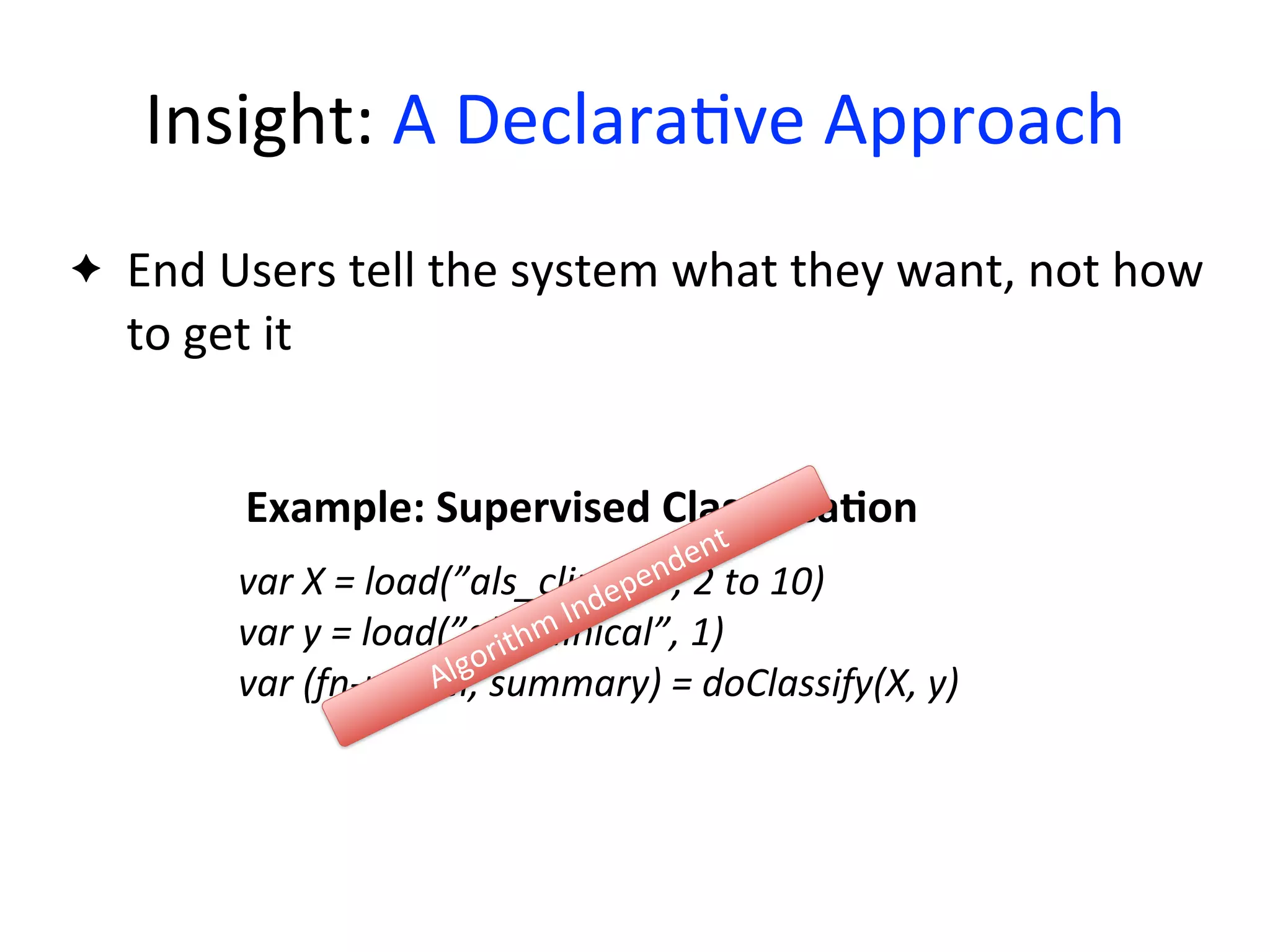 var	
  X	
  =	
  load(”als_clinical”,	
  2	
  to	
  10)
var	
  y	
  =	
  load(”als_clinical”,	
  1)
var	
  (fn-­‐model,	
  summary)	
  =	
  doClassify(X,	
  y)
Example:	
  Supervised	
  ClassiﬁcaAon
Algorithm	
  Independent	
  
✦ End	
  Users	
  tell	
  the	
  system	
  what	
  they	
  want,	
  not	
  how	
  
to	
  get	
  it
Insight:	
  A	
  Declara2ve	
  Approach
 