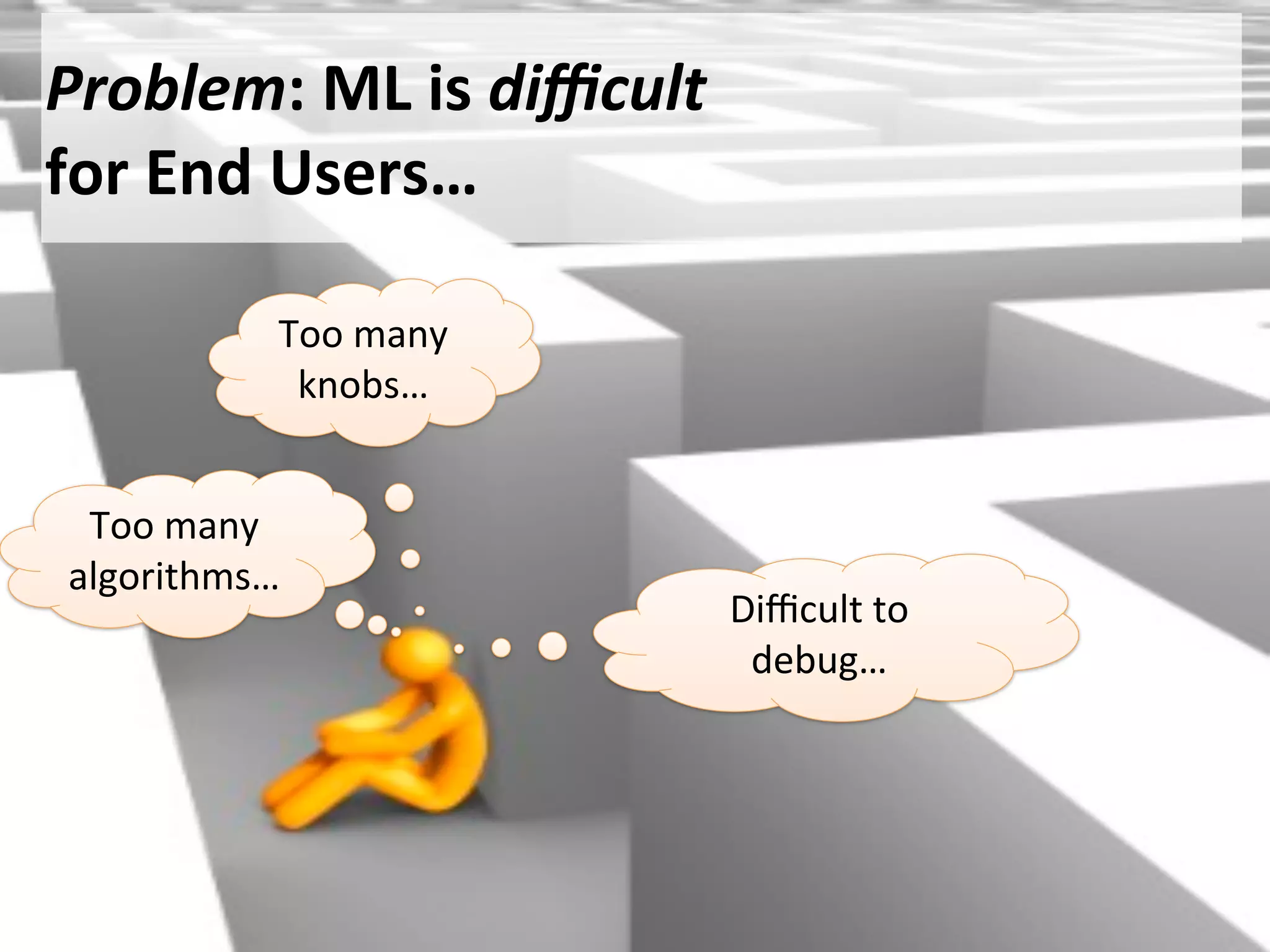 Too	
  many	
  
algorithms…
Too	
  many	
  
knobs…
Problem:	
  ML	
  is	
  diﬃcult
for	
  End	
  Users…
Diﬃcult	
  to	
  
debug…
 