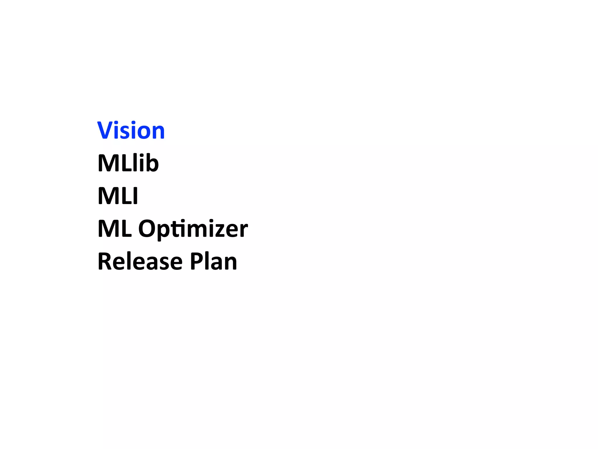 Vision
MLlib
MLI
ML	
  OpAmizer
Release	
  Plan
 