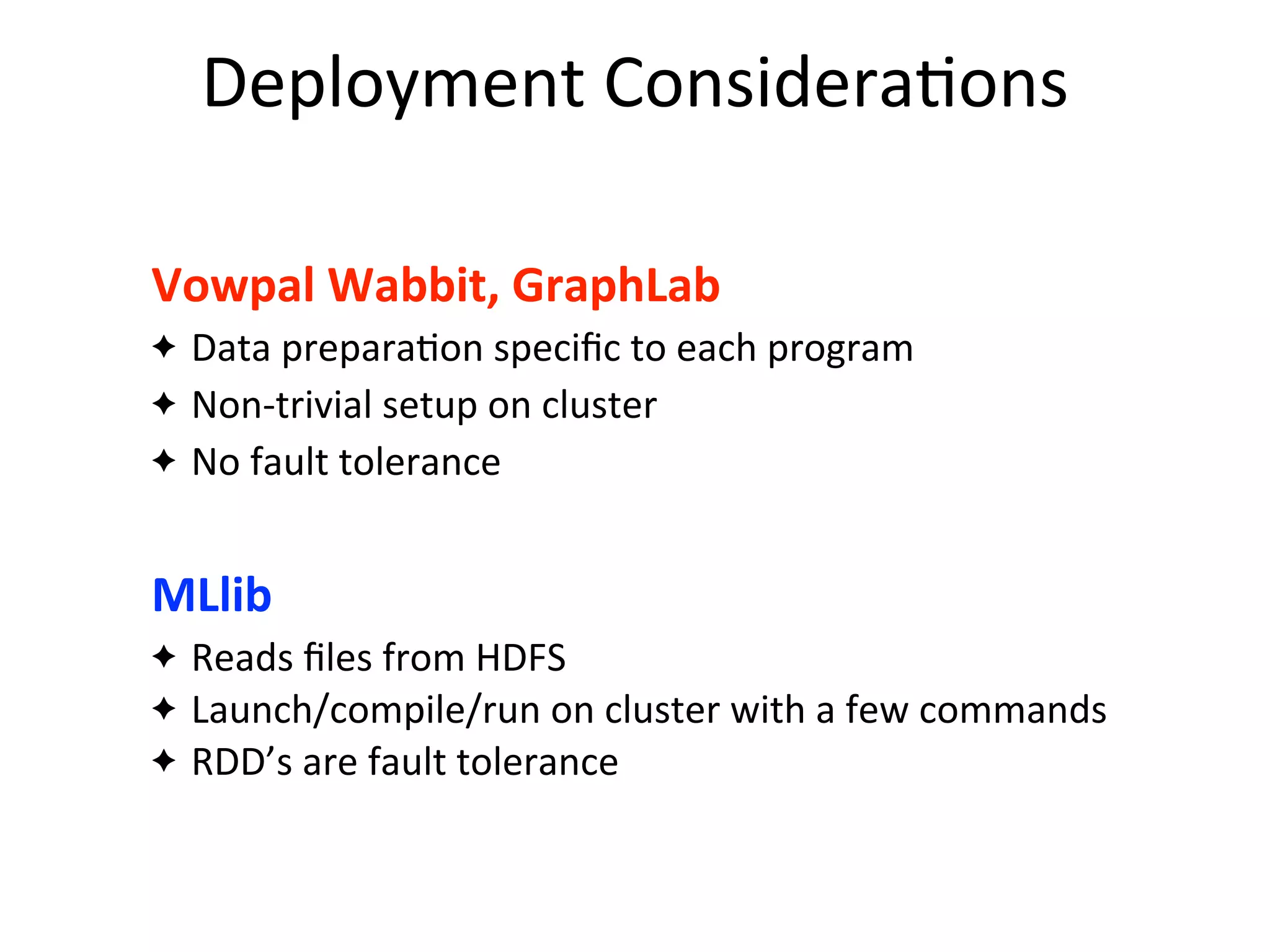 Deployment	
  Considera2ons
Vowpal	
  Wabbit,	
  GraphLab
✦ Data	
  prepara=on	
  speciﬁc	
  to	
  each	
  program
✦ Non-­‐trivial	
  setup	
  on	
  cluster
✦ No	
  fault	
  tolerance
MLlib
✦ Reads	
  ﬁles	
  from	
  HDFS
✦ Launch/compile/run	
  on	
  cluster	
  with	
  a	
  few	
  commands
✦ RDD’s	
  are	
  fault	
  tolerance
 