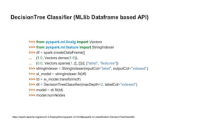 DecisionTree Classifier (MLlib Dataframe based API)
>>> from pyspark.ml.linalg import Vectors
>>> from pyspark.ml.feature import StringIndexer
>>> df = spark.createDataFrame([
... (1.0, Vectors.dense(1.0)),
... (0.0, Vectors.sparse(1, [], []))], ["label", "features"])
>>> stringIndexer = StringIndexer(inputCol="label", outputCol="indexed")
>>> si_model = stringIndexer.fit(df)
>>> td = si_model.transform(df)
>>> dt = DecisionTreeClassifier(maxDepth=2, labelCol="indexed")
>>> model = dt.fit(td)
>>> model.numNodes
https://spark.apache.org/docs/2.2.0/api/python/pyspark.ml.html#pyspark.ml.classification.DecisionTreeClassifier
 