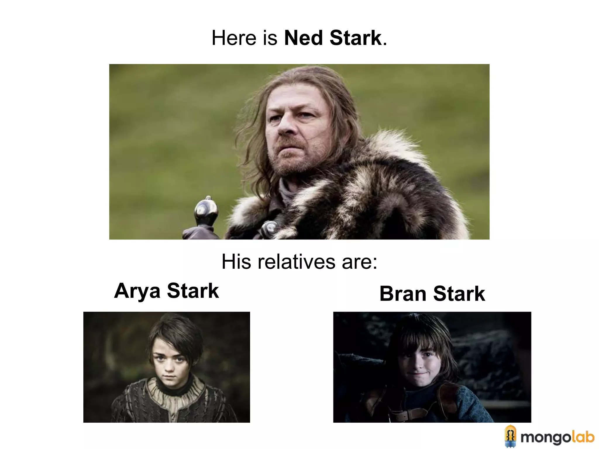 Here is Ned Stark. 
His relatives are: 
Arya Stark Bran Stark 
 