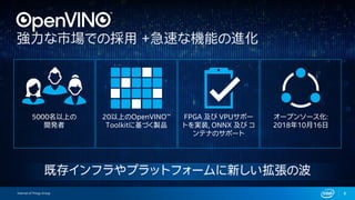 Internet of Things Group
既存インフラやプラットフォームに新しい拡張の波
20以上のOpenVINO™
Toolkitに基づく製品
5000名以上の
開発者
FPGA 及び VPUサポー
トを実装, ONNX 及び コ
ンテナのサポート
オープンソース化:
2018年10月16日
8
 