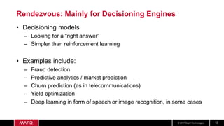 © 2017 MapR Technologies 12
Rendezvous: Mainly for Decisioning Engines
• Decisioning models
– Looking for a “right answer”...