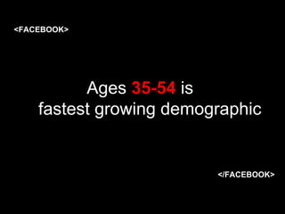 <FACEBOOK> Ages  35-54  is  fastest growing demographic </FACEBOOK> 