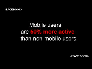 <FACEBOOK> Mobile users  are  50% more active  than non-mobile users </FACEBOOK> 