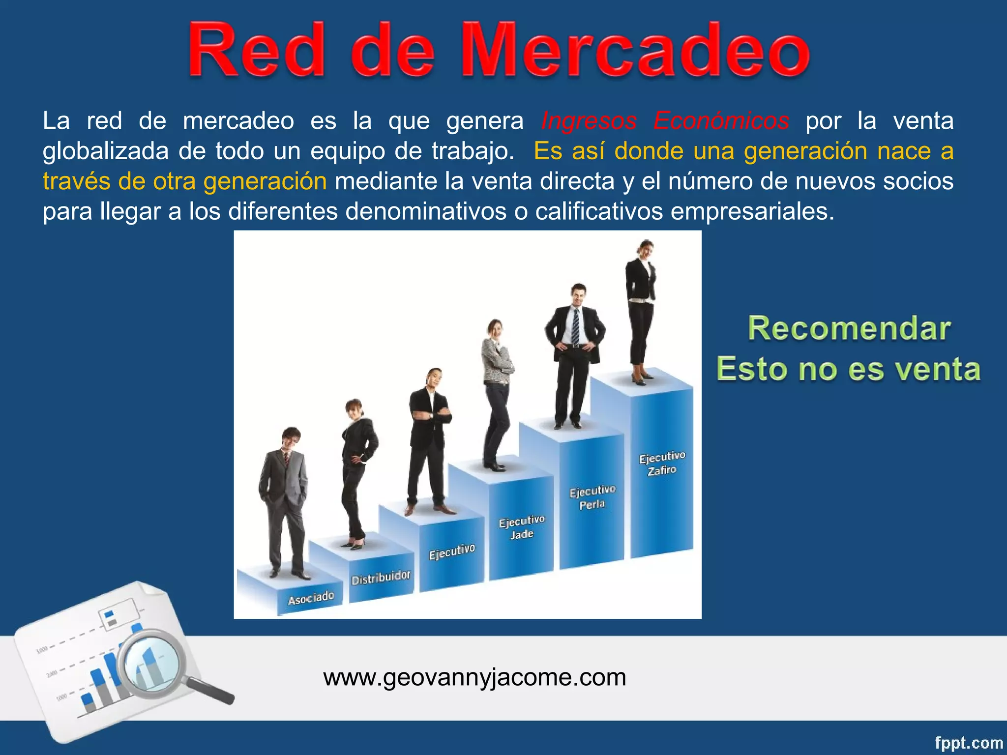 La red de mercadeo es la que genera Ingresos Económicos por la venta
globalizada de todo un equipo de trabajo. Es así donde una generación nace a
través de otra generación mediante la venta directa y el número de nuevos socios
para llegar a los diferentes denominativos o calificativos empresariales.




                        www.geovannyjacome.com
 