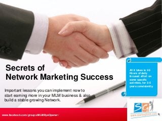 Important lessons you can implement now to
start earning more in your MLM business & also
build a stable growing Network.
Secrets of
Network Marketing Success
Your Logo
www.facebook.com/groups/MLMEyeOpener/
All it takes is 2-3
Hours of daily
focused effort on
some specific
activities, for 3-5
years consistently.
 