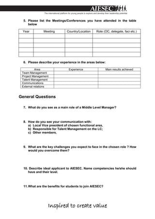 Inspired to create value
5. Please list the Meetings/Conferences you have attended in the table
below
Year Meeting Country/Location Role (OC, delegate, faci etc.)
6. Please describe your experience in the areas below:
Area Experience Main results achieved
Team Management
Project Management
Talent Management
Communications
External relations
General Questions
7. What do you see as a main role of a Middle Level Manager?
8. How do you see your communication with:
a) Local Vice president of chosen functional area,
b) Responsible for Talent Management on the LC;
c) Other members.
9. What are the key challenges you expect to face in the chosen role ? How
would you overcome them?
10. Describe ideal applicant to AIESEC. Name competencies he/she should
have and their level.
11.What are the benefits for students to join AIESEC?
 