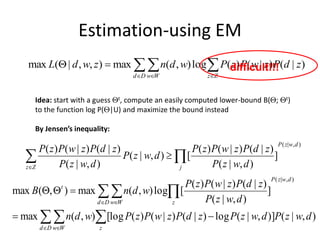  
  


D
d W
w Z
z
z
d
P
z
w
P
z
P
w
d
n
z
w
d
L )
|
(
)
|
(
)
(
log
)
,
(
max
)
,
,
|
(
max
Estimation-using EM
difficult!!!
Idea: start with a guess t, compute an easily computed lower-bound B(; t)
to the function log P(|U) and maximize the bound instead
By Jensen’s inequality:
)
,
|
(
]
)
,
|
(
)
|
(
)
|
(
)
(
[
)
,
|
(
)
,
|
(
)
|
(
)
|
(
)
(
d
w
z
P
Z
z j d
w
z
P
z
d
P
z
w
P
z
P
d
w
z
P
d
w
z
P
z
d
P
z
w
P
z
P
 


 


 
 





D
d W
w z
d
w
z
P
z
D
d W
w
t
d
w
z
P
d
w
z
P
z
d
P
z
w
P
z
P
w
d
n
d
w
z
P
z
d
P
z
w
P
z
P
w
d
n
B
)
,
|
(
)]
,
|
(
log
)
|
(
)
|
(
)
(
[log
)
,
(
max
]
)
,
|
(
)
|
(
)
|
(
)
(
[
log
)
,
(
max
)
,
(
max
)
,
|
(
 