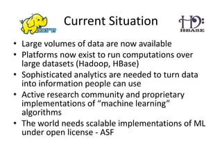 Current Situation
• Large volumes of data are now available
• Platforms now exist to run computations over
large datasets (Hadoop, HBase)
• Sophisticated analytics are needed to turn data
into information people can use
• Active research community and proprietary
implementations of “machine learning”
algorithms
• The world needs scalable implementations of ML
under open license - ASF
 
