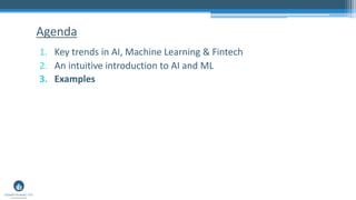 1. Key trends in AI, Machine Learning & Fintech
2. An intuitive introduction to AI and ML
3. Examples
Agenda
 