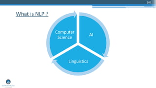 103
What is NLP ?
AI
Linguistics
Computer
Science
 
