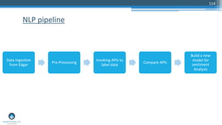 114
NLP pipeline
Data Ingestion
from Edgar
Pre-Processing
Invoking APIs to
label data
Compare APIs
Build a new
model for
sentiment
Analysis
 