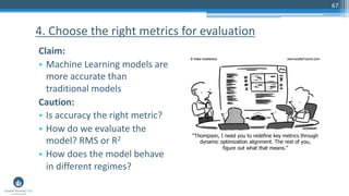 67
Claim:
• Machine Learning models are
more accurate than
traditional models
Caution:
• Is accuracy the right metric?
• How do we evaluate the
model? RMS or R2
• How does the model behave
in different regimes?
4. Choose the right metrics for evaluation
 