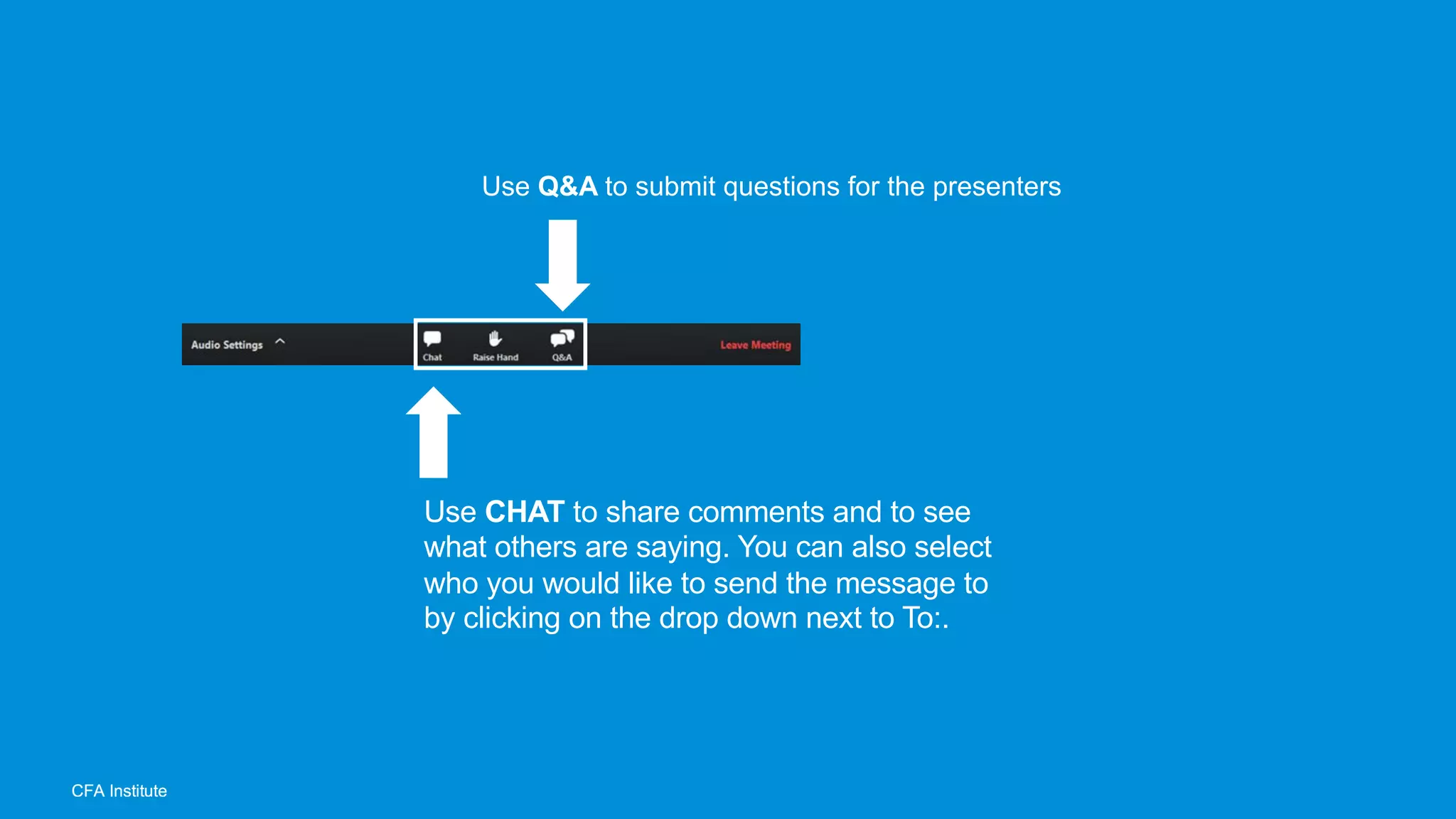 Use Q&A to submit questions for the presenters
Use CHAT to share comments and to see
what others are saying. You can also select
who you would like to send the message to
by clicking on the drop down next to To:.
 