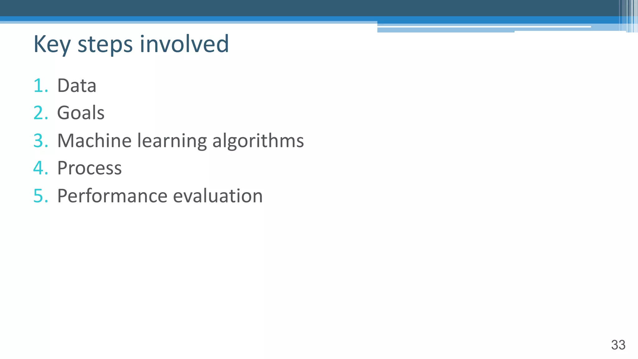 33
1. Data
2. Goals
3. Machine learning algorithms
4. Process
5. Performance evaluation
Key steps involved
 