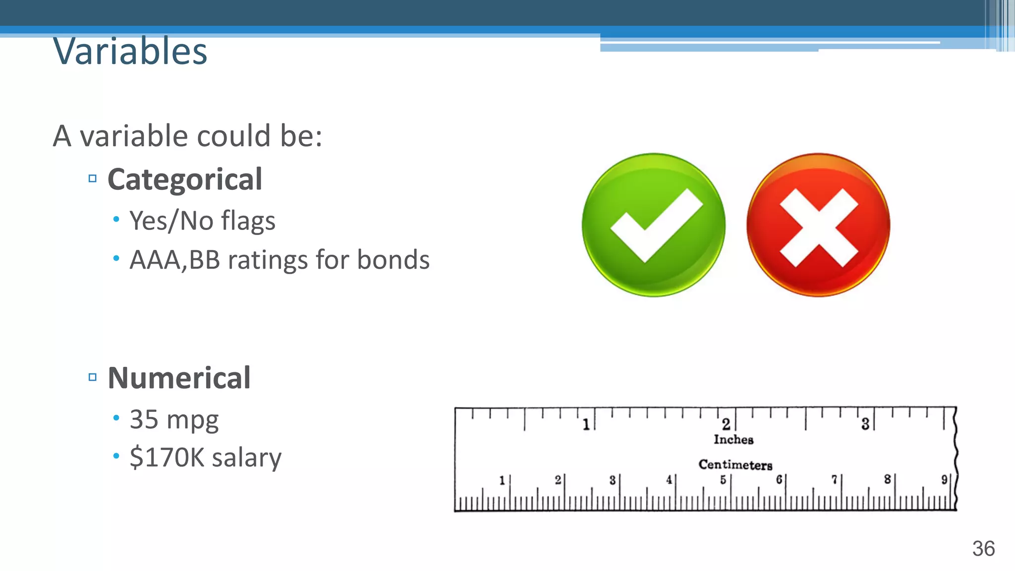 36
Variables
A variable could be:
▫ Categorical
– Yes/No flags
– AAA,BB ratings for bonds
▫ Numerical
– 35 mpg
– $170K salary
 
