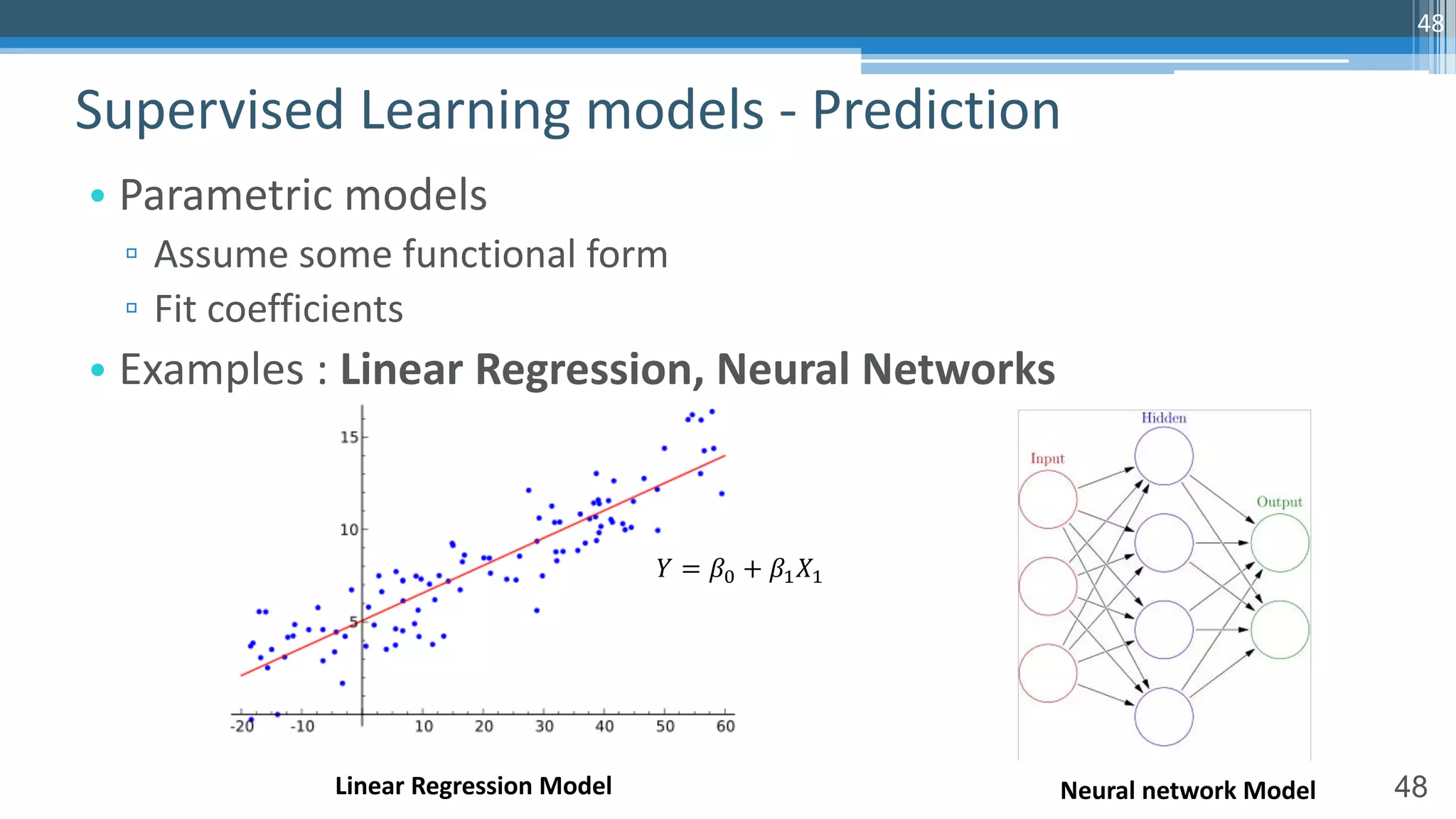 48
• Parametric models
▫ Assume some functional form
▫ Fit coefficients
• Examples : Linear Regression, Neural Networks
Supervised Learning models - Prediction
48
𝑌 = 𝛽! + 𝛽" 𝑋"
Linear Regression Model Neural network Model
 
