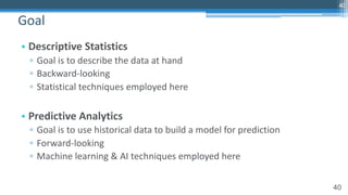 40
• Descriptive Statistics
▫ Goal is to describe the data at hand
▫ Backward-looking
▫ Statistical techniques employed here
• Predictive Analytics
▫ Goal is to use historical data to build a model for prediction
▫ Forward-looking
▫ Machine learning & AI techniques employed here
Goal
40
 