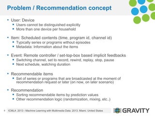 Problem / Recommendation concept
• User: Device
 Users cannot be distinguished explicitly
 More than one device per hous...