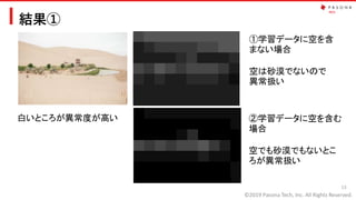 ©2019 Pasona Tech, Inc. All Rights Reserved.
結果①
13
①学習データに空を含
まない場合
空は砂漠でないので
異常扱い
白いところが異常度が高い ②学習データに空を含む
場合
空でも砂漠でもないとこ
ろが異常扱い
 