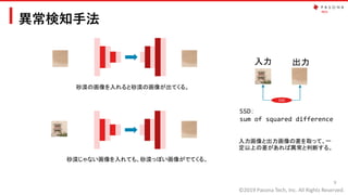 ©2019 Pasona Tech, Inc. All Rights Reserved.
異常検知手法
9
砂漠の画像を入れると砂漠の画像が出てくる。
砂漠じゃない画像を入れても、砂漠っぽい画像がでてくる。
入力 出力
SSD
入力画像と出力画像の差を取って、一
定以上の差があれば異常と判断する。
SSD：
sum of squared difference
 