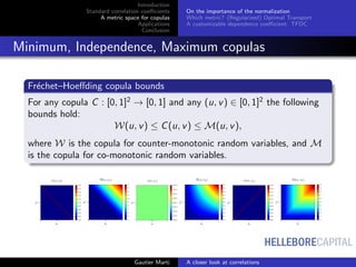 HELLEBORECAPITAL
Introduction
Standard correlation coeﬃcients
A metric space for copulas
Applications
Conclusion
On the importance of the normalization
Which metric? (Regularized) Optimal Transport
A customizable dependence coeﬃcient: TFDC
Minimum, Independence, Maximum copulas
Fr´echet–Hoeﬀding copula bounds
For any copula C : [0, 1]2
→ [0, 1] and any (u, v) ∈ [0, 1]2
the following
bounds hold:
W(u, v) ≤ C(u, v) ≤ M(u, v),
where W is the copula for counter-monotonic random variables, and M
is the copula for co-monotonic random variables.
0 0.5 1
ui
0
0.5
1
uj
w(ui,uj)
0.000
0.002
0.004
0.006
0.008
0.010
0.012
0.014
0.016
0.018
0.020
0 0.5 1
ui
0
0.5
1
uj
W(ui,uj)
0.0
0.1
0.2
0.3
0.4
0.5
0.6
0.7
0.8
0.9
1.0
0 0.5 1
ui
0
0.5
1
uj
π(ui,uj)
0.00036
0.00037
0.00038
0.00039
0.00040
0.00041
0.00042
0.00043
0.00044
0 0.5 1
ui
0
0.5
1
uj Π(ui,uj)
0.0
0.1
0.2
0.3
0.4
0.5
0.6
0.7
0.8
0.9
1.0
0 0.5 1
ui
0
0.5
1
uj
m(ui,uj)
0.000
0.002
0.004
0.006
0.008
0.010
0.012
0.014
0.016
0.018
0.020
0 0.5 1
ui
0
0.5
1
uj
M(ui,uj)
0.0
0.1
0.2
0.3
0.4
0.5
0.6
0.7
0.8
0.9
1.0
Gautier Marti A closer look at correlations
 
