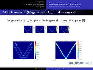 HELLEBORECAPITAL
Introduction
Standard correlation coeﬃcients
A metric space for copulas
Applications
Conclusion
On the importance of the normalization
Which metric? (Regularized) Optimal Transport
A customizable dependence coeﬃcient: TFDC
Which metric? (Regularized) Optimal Transport
Its geometry has good properties in general [1], and for copulas [2].
0 0.5 1
0
0.5
1
0.0000
0.0015
0.0030
0.0045
0.0060
0.0075
0.0090
0.0105
0.0120
0 0.5 1
0
0.5
1
0.0000
0.0015
0.0030
0.0045
0.0060
0.0075
0.0090
0.0105
0.0120
0 0.5 1
0
0.5
1
0.0000
0.0015
0.0030
0.0045
0.0060
0.0075
0.0090
0.0105
0.0120
0 0.5 1
0
0.5
1
0.0000
0.0015
0.0030
0.0045
0.0060
0.0075
0.0090
0.0105
0.0120
0 0.5 1
0
0.5
1 Bregman barycenter copula
0.0000
0.0008
0.0016
0.0024
0.0032
0.0040
0.0048
0.0056
0 0.5 1
0
0.5
1 Wasserstein barycenter copula
0.0000
0.0004
0.0008
0.0012
0.0016
0.0020
0.0024
0.0028
0.0032
Gautier Marti A closer look at correlations
 