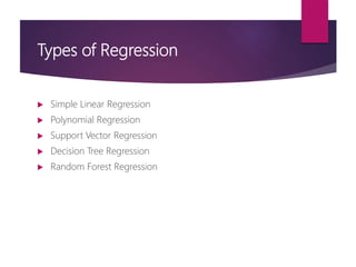Types of Regression
 Simple Linear Regression
 Polynomial Regression
 Support Vector Regression
 Decision Tree Regression
 Random Forest Regression
 