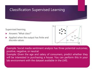 Classification Supervised Learning
Let us look at the classifications of
Supervised learning.
 Answers “What class?”
 Applied when the output has finite and
discrete values
Example: Social media sentiment analysis has three potential outcomes,
positive, negative, or neutral.
Example: Given the age and salary of consumers, predict whether they
will be interested in purchasing a house. You can perform this in your
lab environment with the dataset available in the LMS.
 